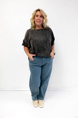 Acid Wash French Terry Raw Edge Top Ash Black