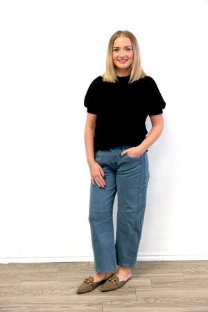 Raised Ribbed Puff Sleeve Top Black