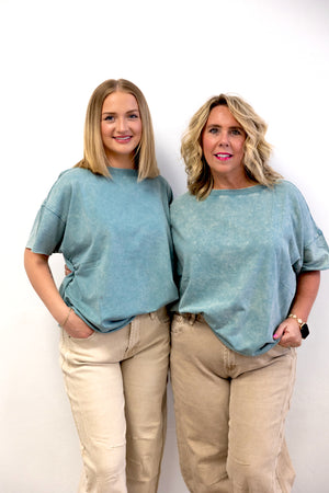 Acid Wash French Terry Raw Edge Top Ash Blue