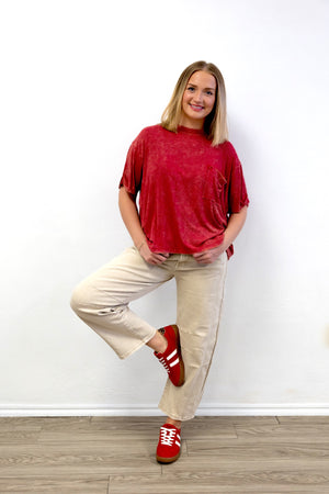 Washed Ribbed Cuffed SS Round Neck Top Red