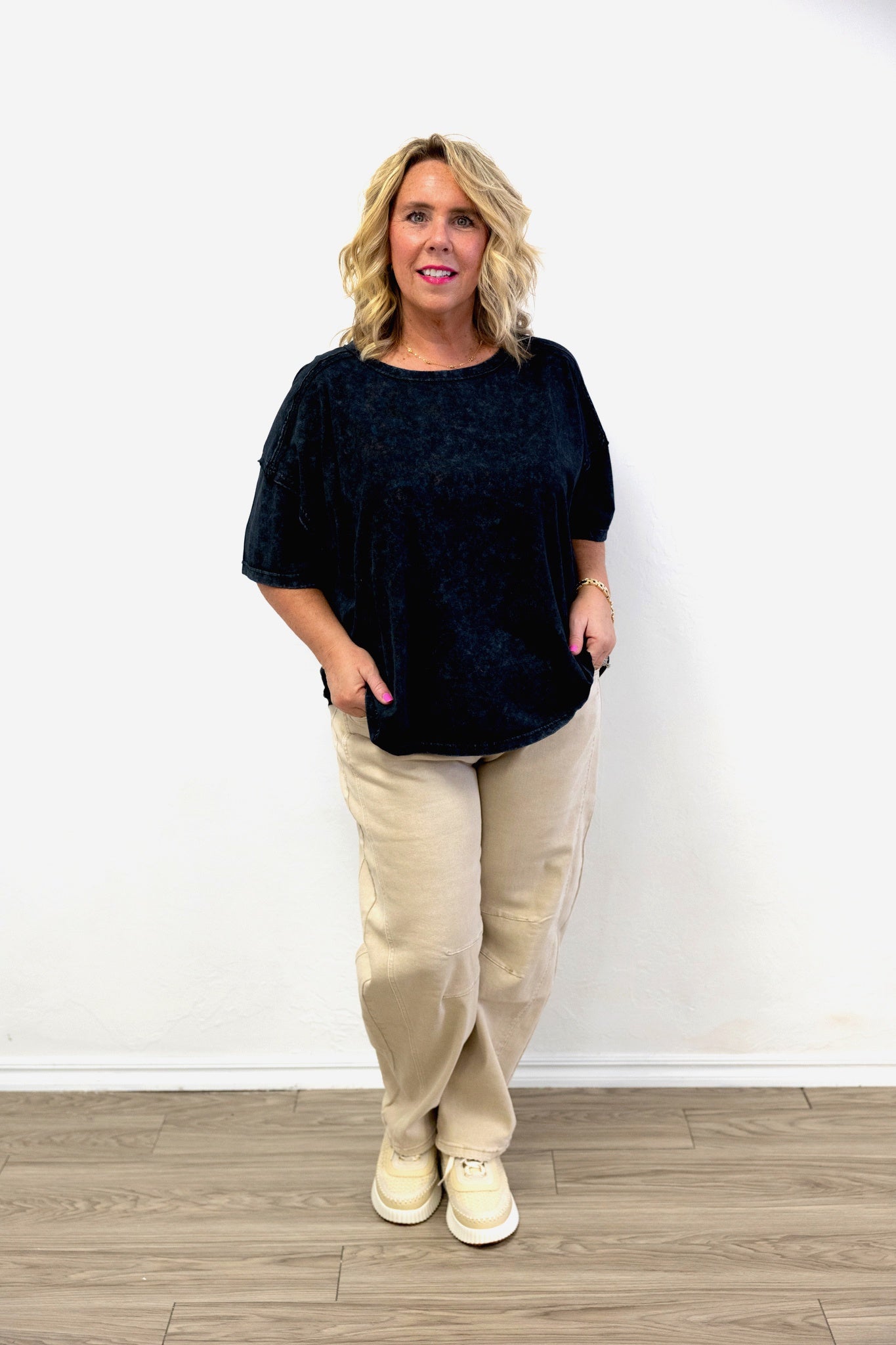 Acid Wash Round Neck Tee Black