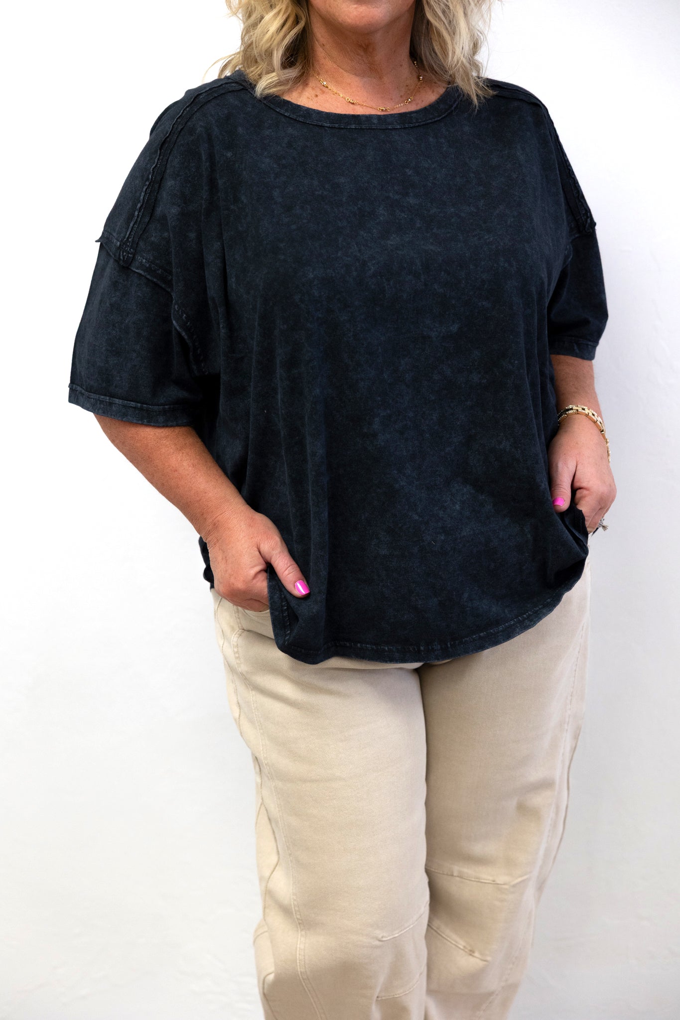 Acid Wash Round Neck Tee Black