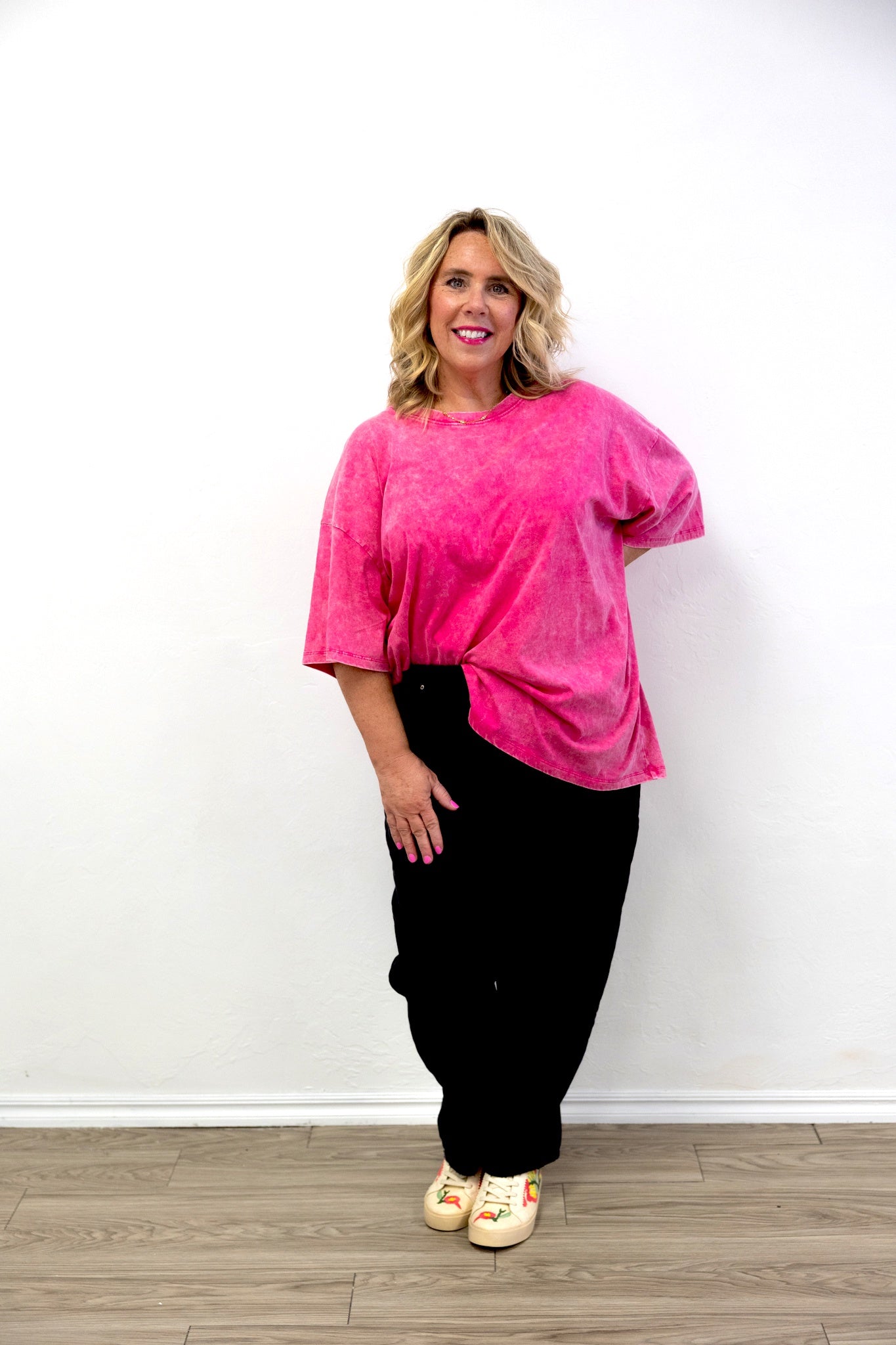 Acid Wash Drop Shoulder Boyfriend Tee Hot Pink