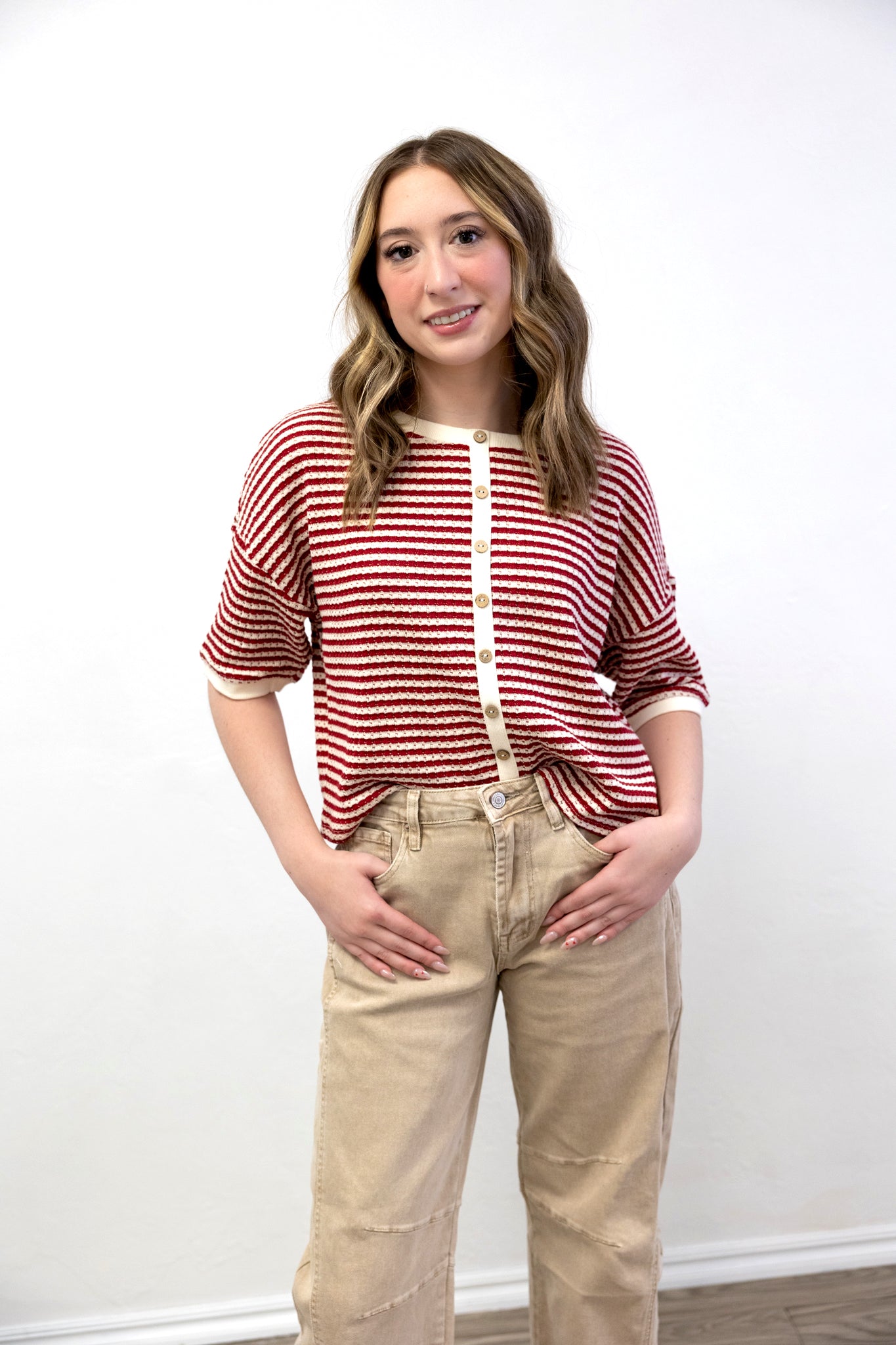 Cream Stripe Button Down SS Knit Top