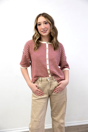 Cream Stripe Button Down SS Knit Top