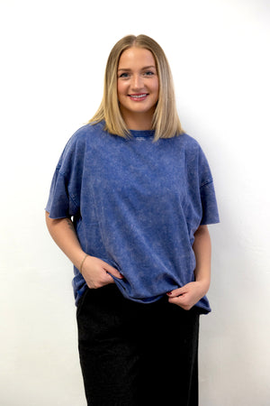 Acid Wash French Terry Raw Edge Top Blueberry