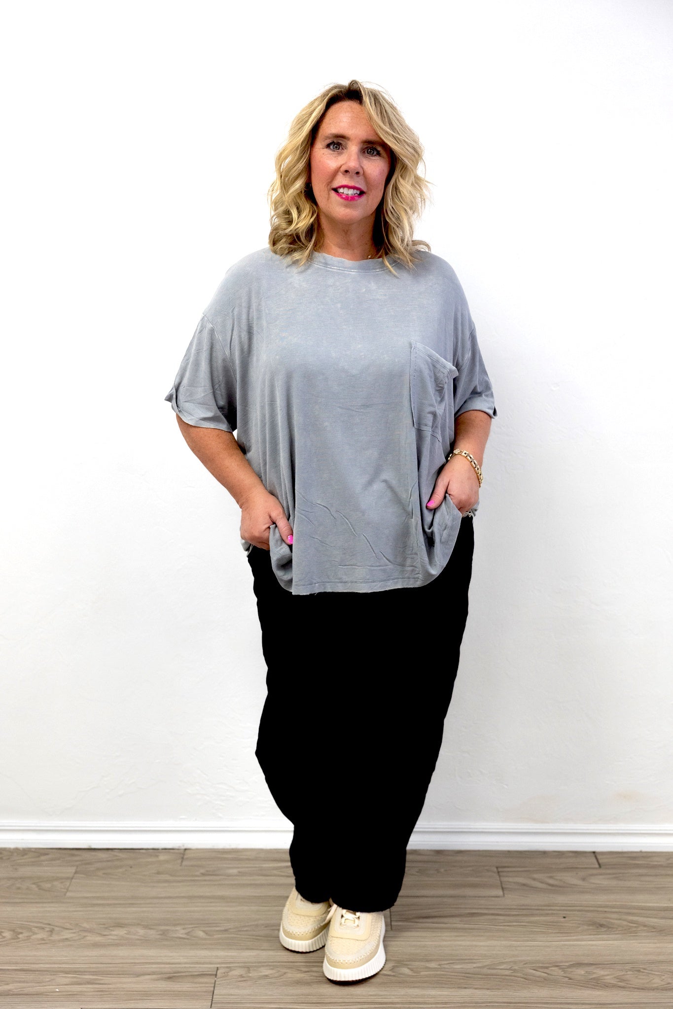 Washed Ribbed Cuffed SS Round Neck Top Sleet