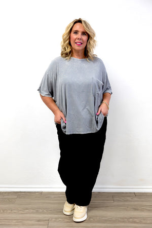 Washed Ribbed Cuffed SS Round Neck Top Sleet