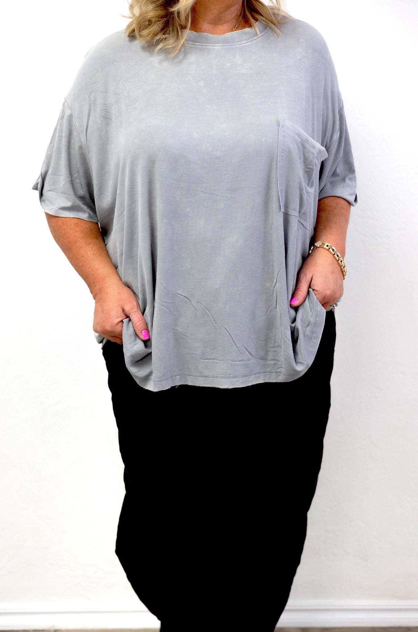 Washed Ribbed Cuffed SS Round Neck Top Sleet