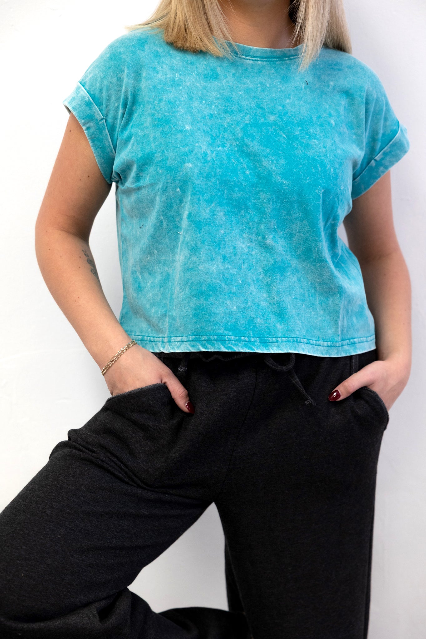 Washed SS Cuff Cotton Top Light Teal