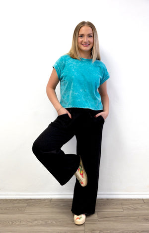 Washed SS Cuff Cotton Top Light Teal