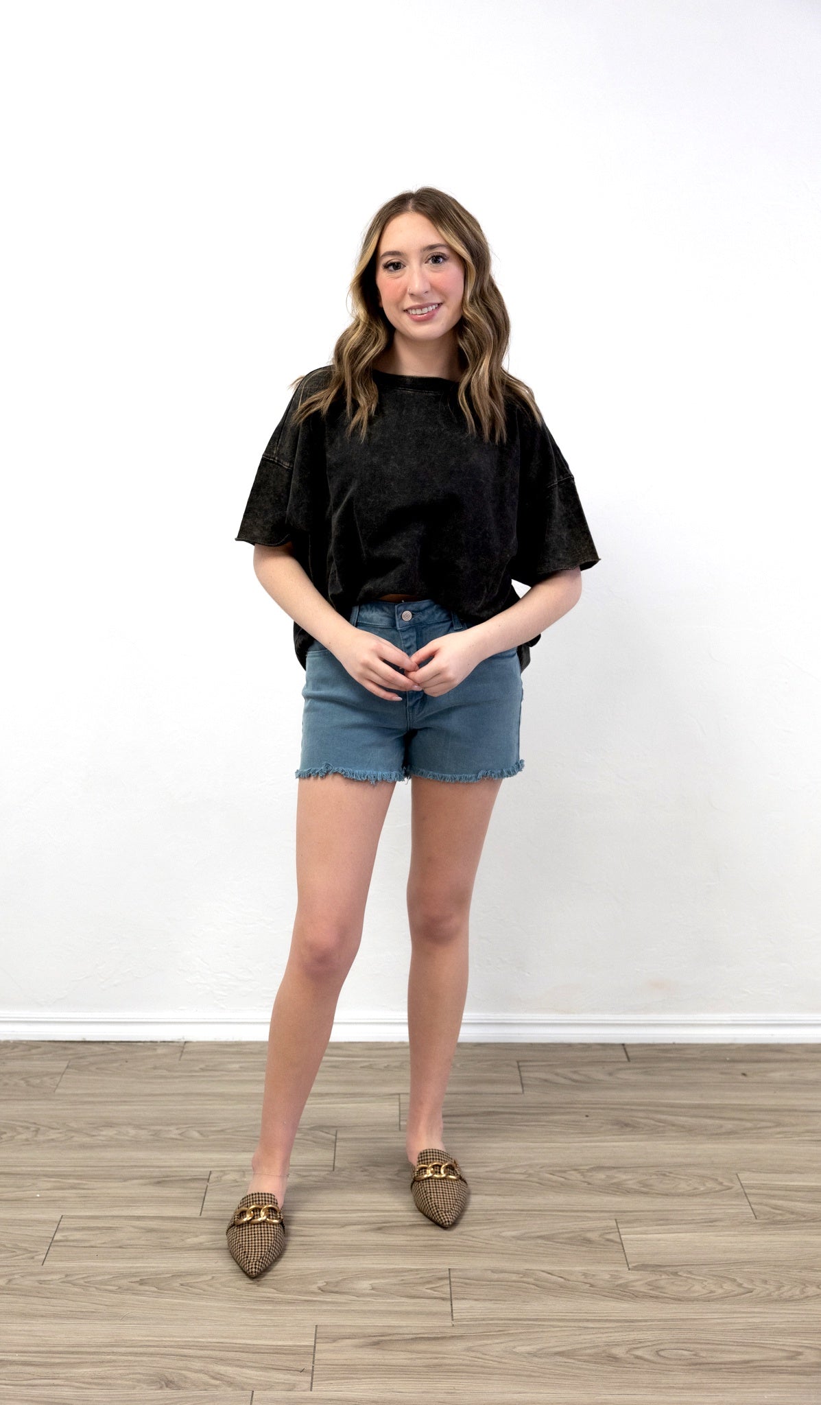 Washed Fray Cut Off Hem Shorts Teal