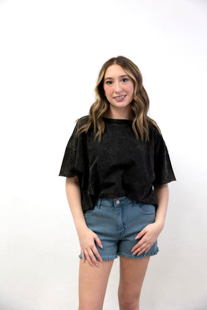 Acid Wash French Terry Raw Edge Top Ash Black