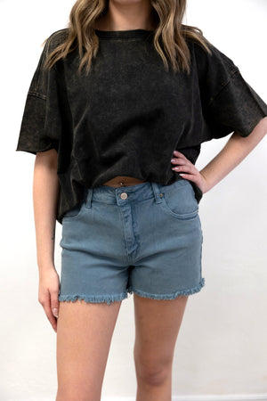 Acid Wash French Terry Raw Edge Top Ash Black