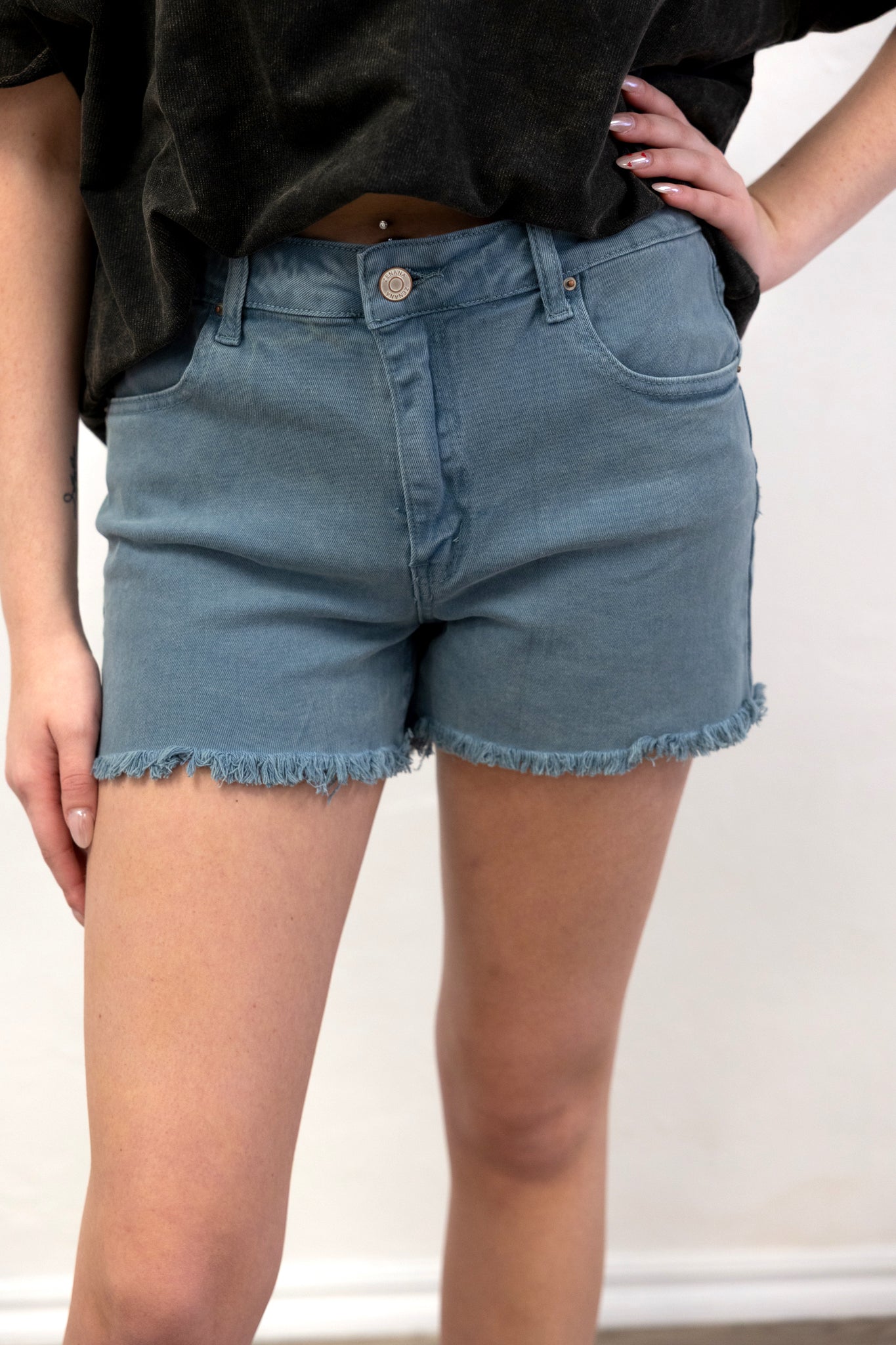 Washed Fray Cut Off Hem Shorts Teal