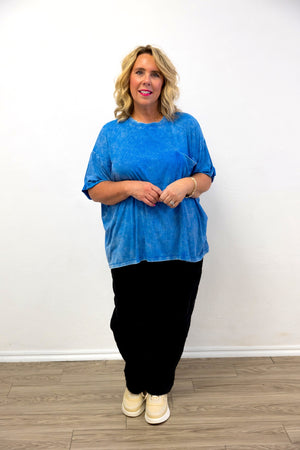 Washed Ribbed Cuffed SS Round Neck Top Ocean Blue