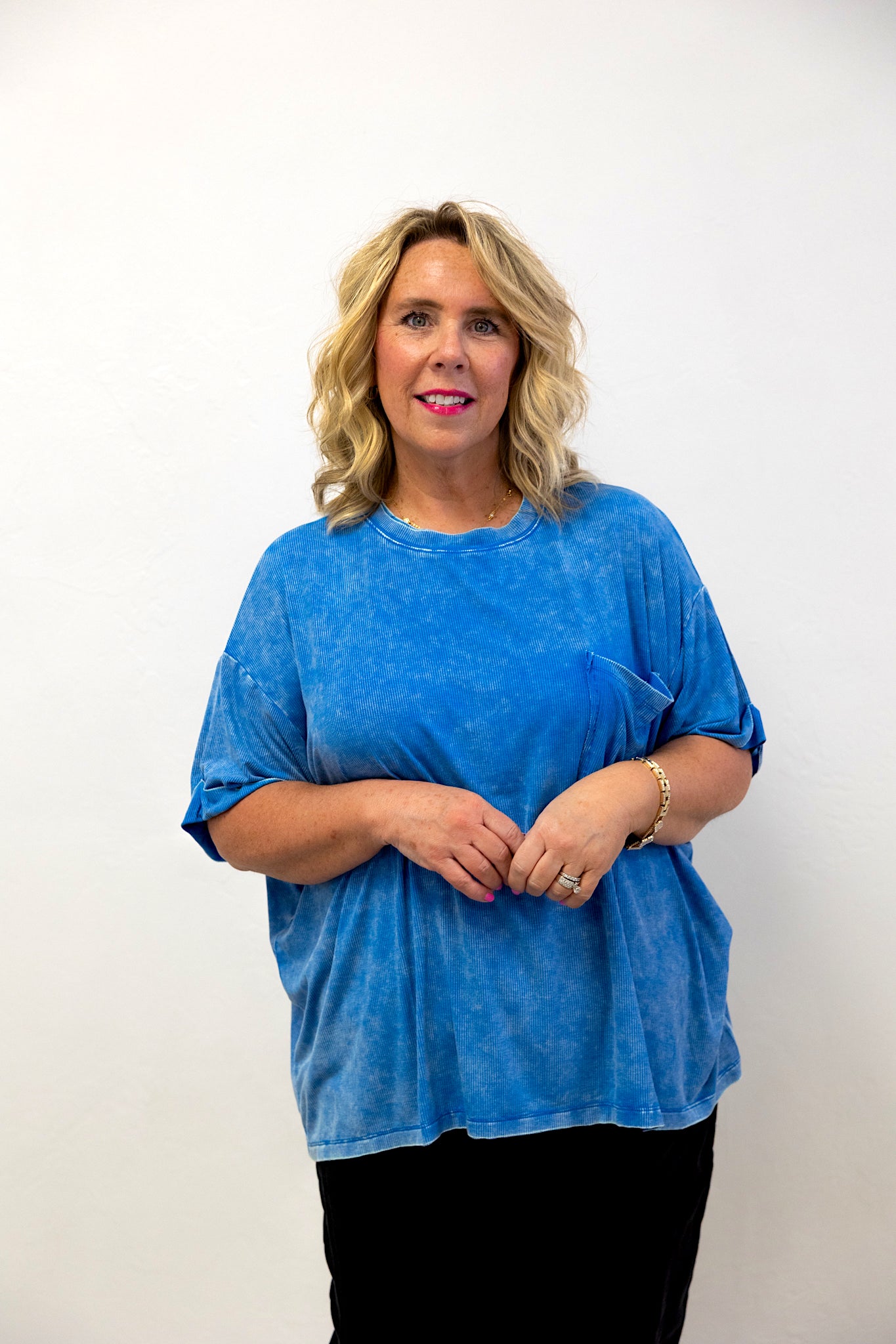 Washed Ribbed Cuffed SS Round Neck Top Ocean Blue