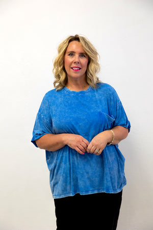 Washed Ribbed Cuffed SS Round Neck Top Ocean Blue