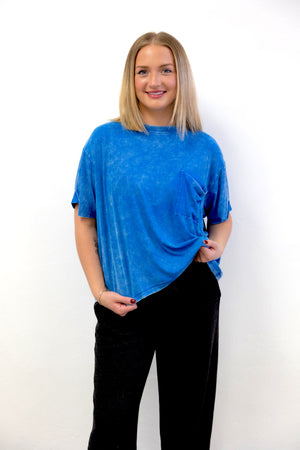 Washed Ribbed Cuffed SS Round Neck Top Ocean Blue