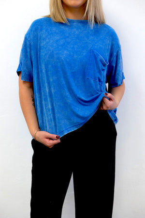 Washed Ribbed Cuffed SS Round Neck Top Ocean Blue