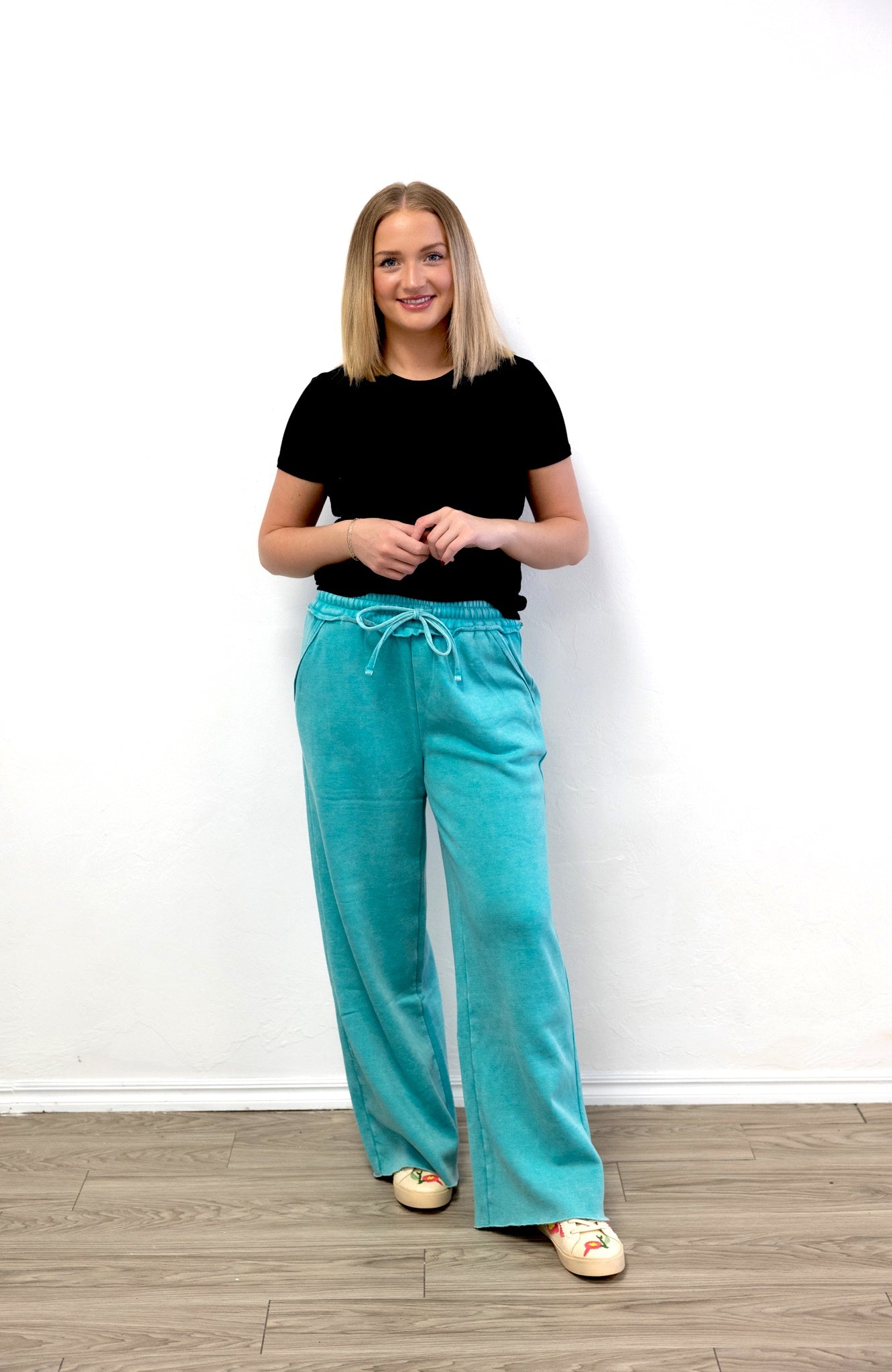 Acid Wash Fleece Palazzo Sweatpants With Pockets Turquoise