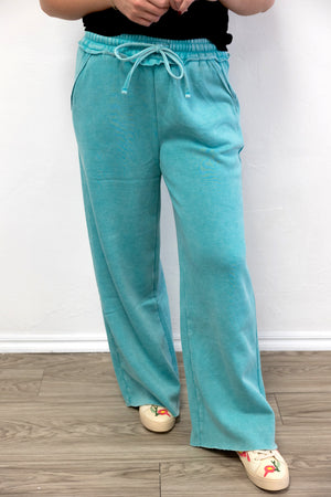 Acid Wash Fleece Palazzo Sweatpants With Pockets Turquoise