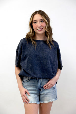 Acid Wash French Terry Raw Edge Top Blackberry