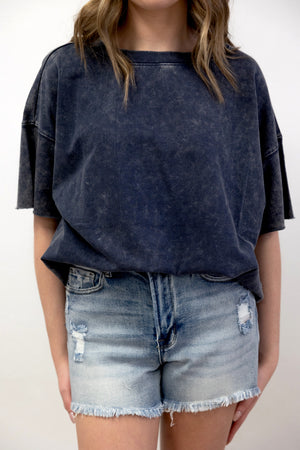 Acid Wash French Terry Raw Edge Top Blackberry