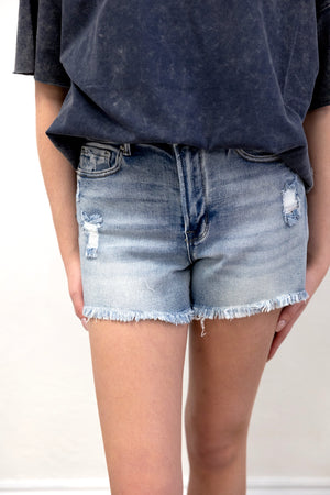 Medium Wash Raw Frayed Hem Denim Shorts