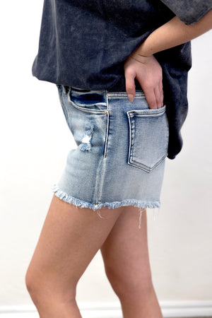 Medium Wash Raw Frayed Hem Denim Shorts