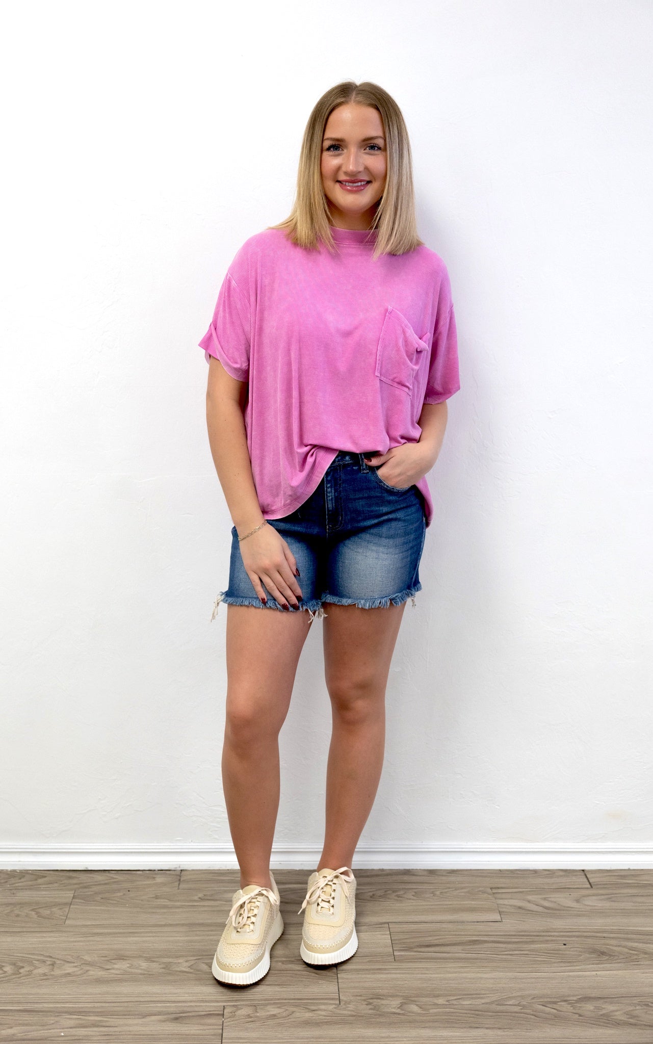 Washed Ribbed Cuffed SS Round Neck Top Candy Pink