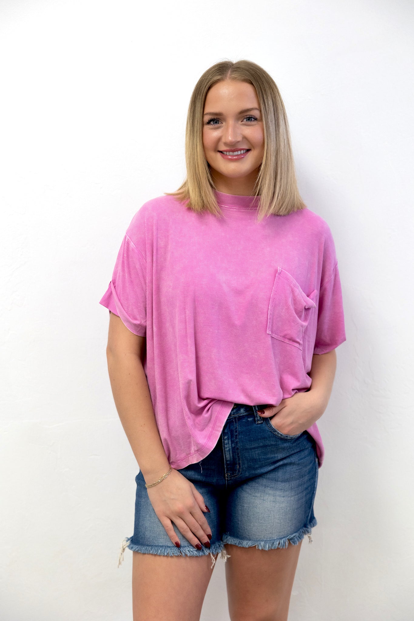 Washed Ribbed Cuffed SS Round Neck Top Candy Pink