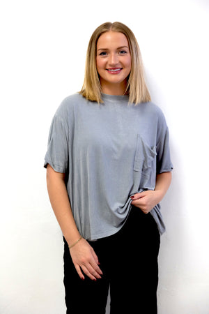 Washed Ribbed Cuffed SS Round Neck Top Sleet