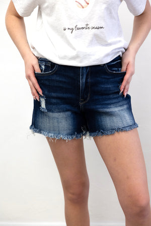 Dark Wash Raw Frayed Hem Denim Shorts