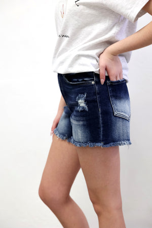 Dark Wash Raw Frayed Hem Denim Shorts