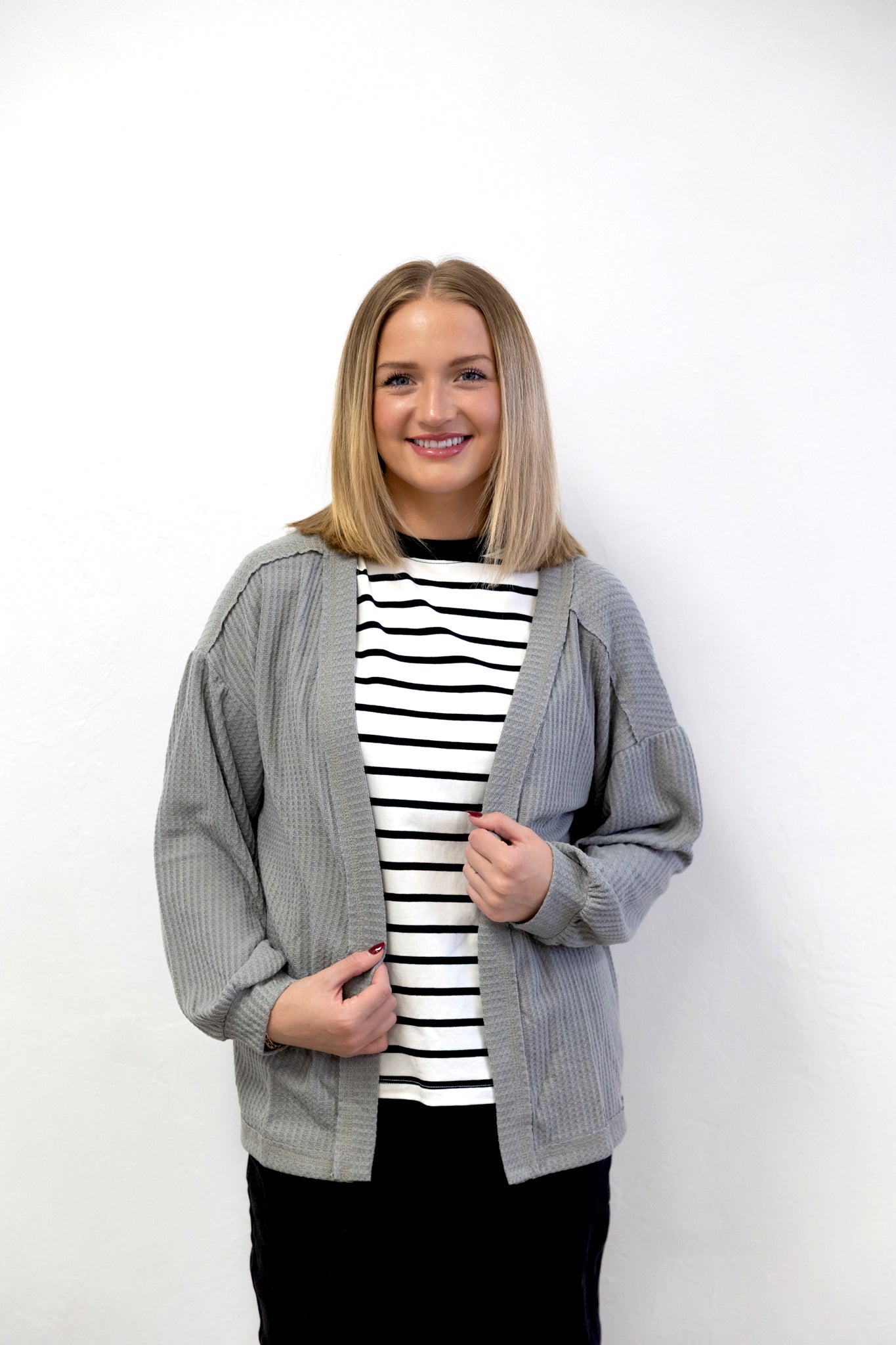 Reversed Stitch Open Front Cardigan Grey