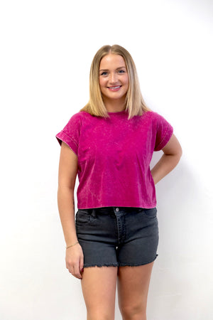 Washed SS Cuff Cotton Top Magenta