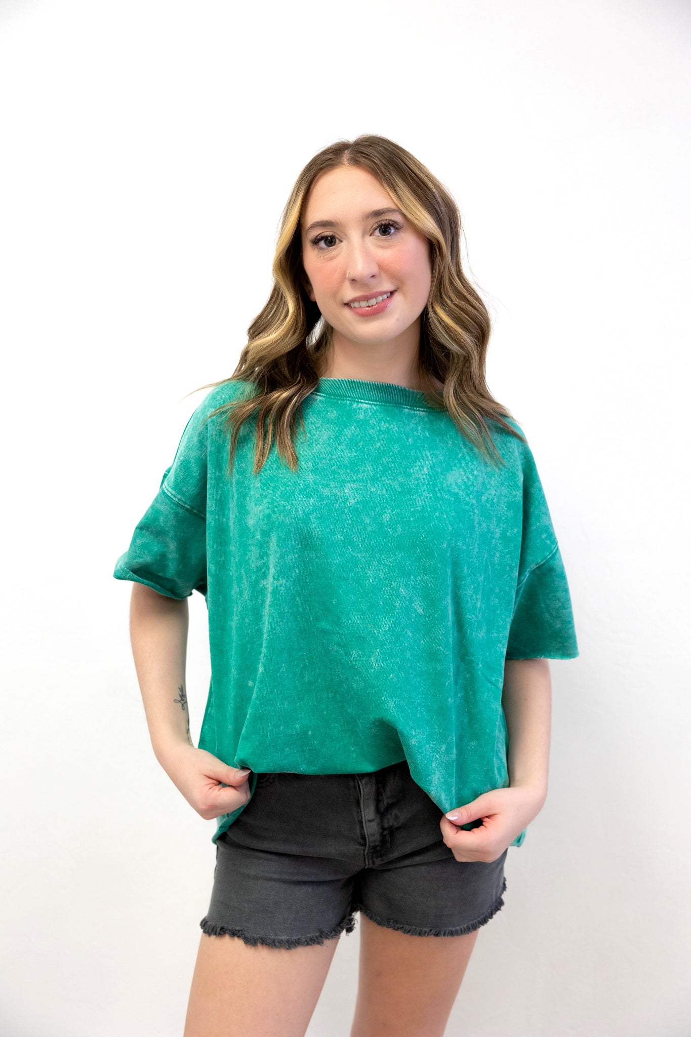 Acid Wash French Terry Raw Edge Top K Green