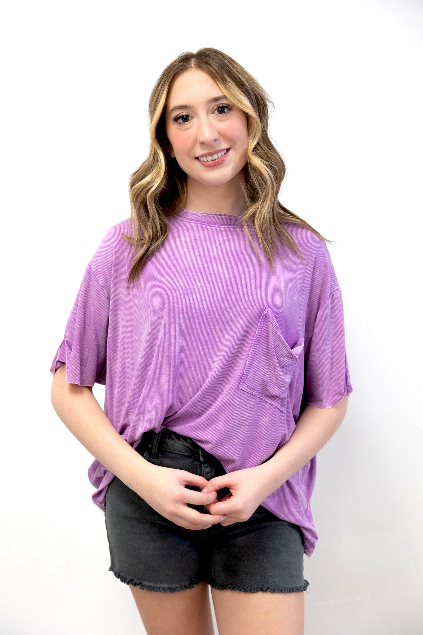 Washed Ribbed Cuffed SS Round Neck Top B Violet