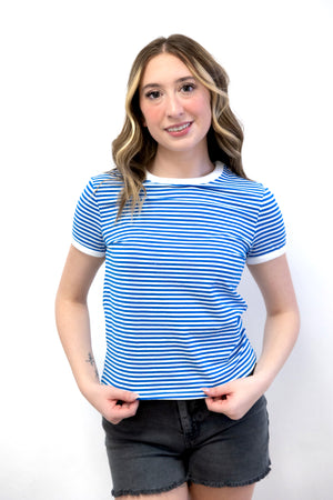 Striped Contrast Trim Tee Ocean Blue