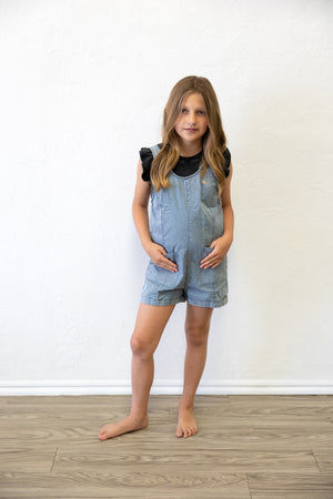 Girls Pocket Scoop Back Sleeveless Romper Dusty Blue