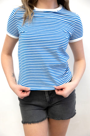 Striped Contrast Trim Tee Ocean Blue