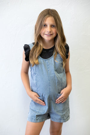 Girls Pocket Scoop Back Sleeveless Romper Dusty Blue