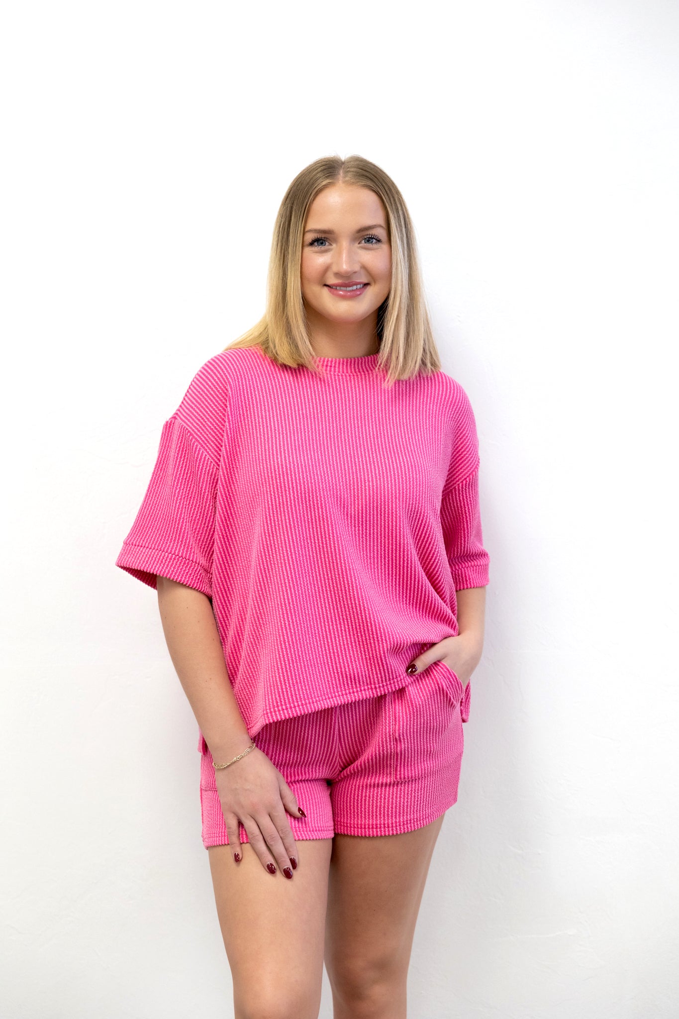 Raised Ribbed SS Tee & Short Set Fuchsia