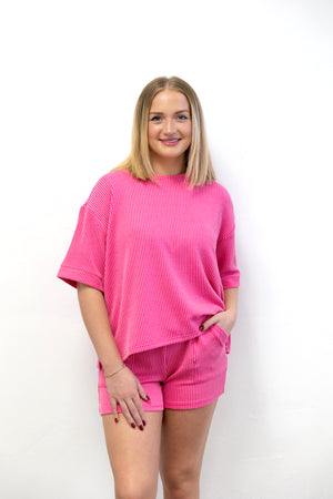 Raised Ribbed SS Tee & Short Set Fuchsia