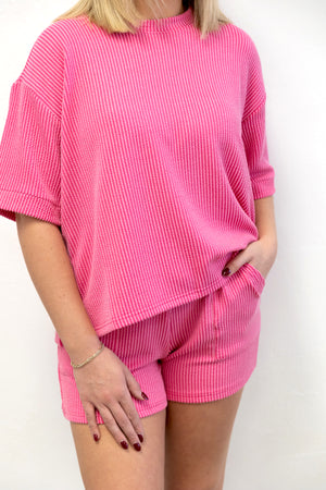 Raised Ribbed SS Tee & Short Set Fuchsia