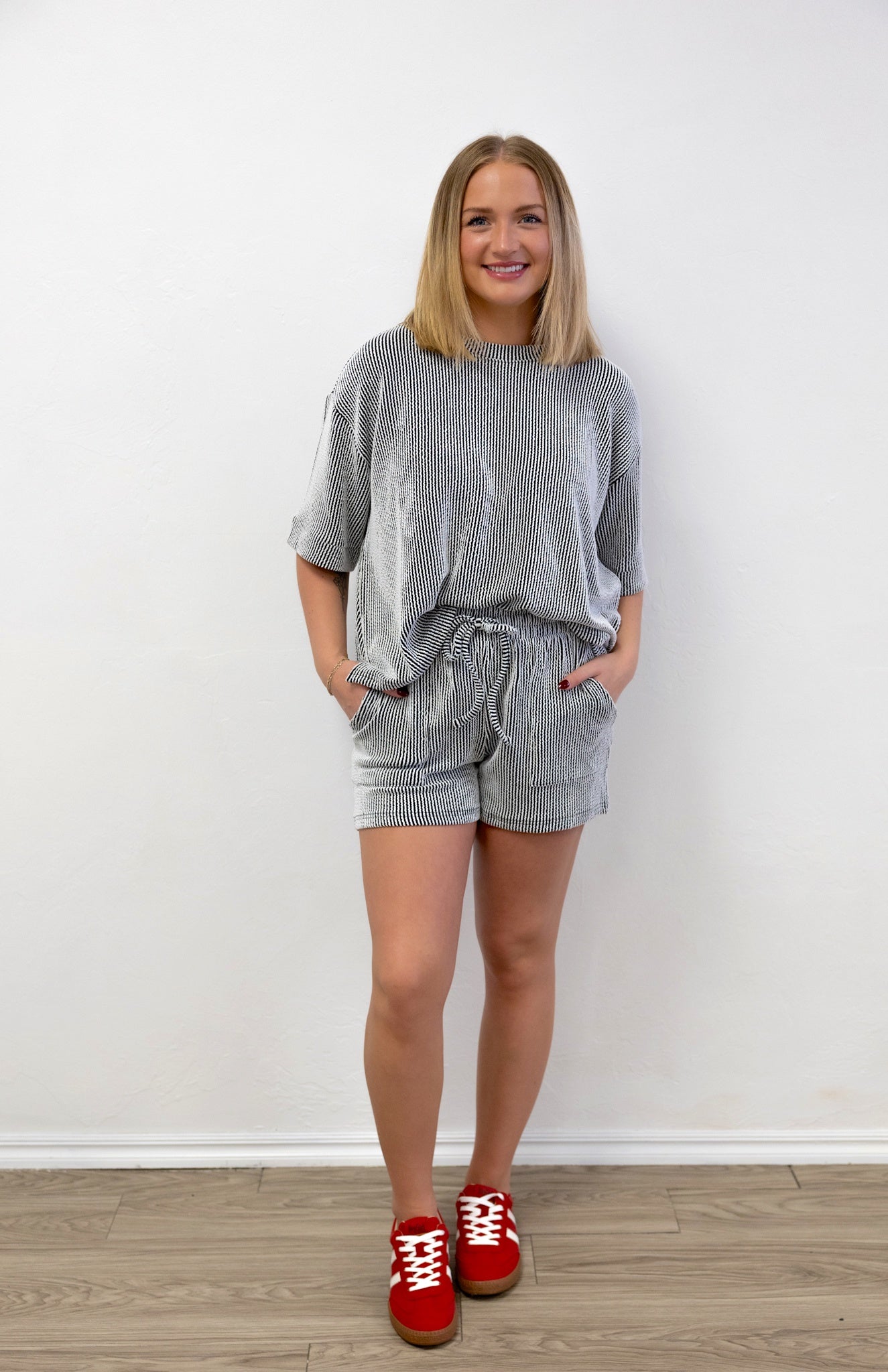 Raised Ribbed SS Tee & Short Set Black/White