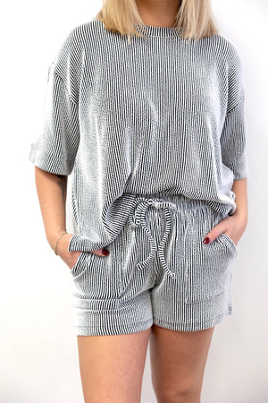 Raised Ribbed SS Tee & Short Set Black/White