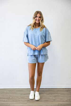 Blue Short Set With Lace & Pockets