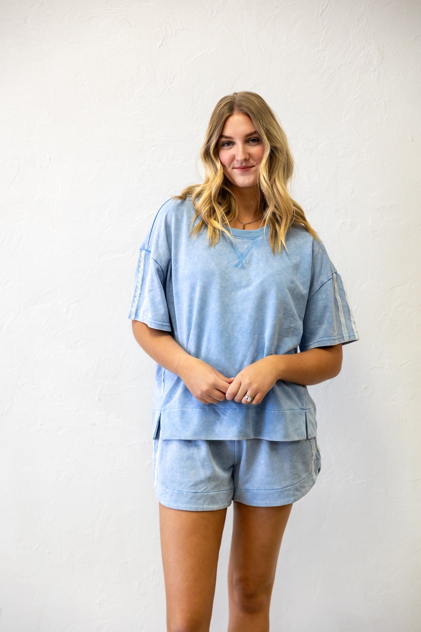 Blue Short Set With Lace & Pockets